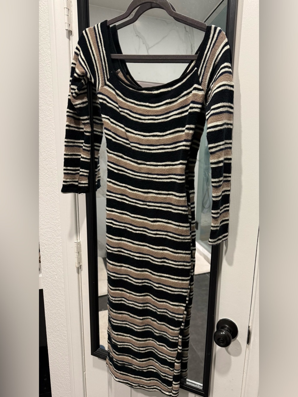 Windsor Black, Tan & White Striped Knit Midi Dress